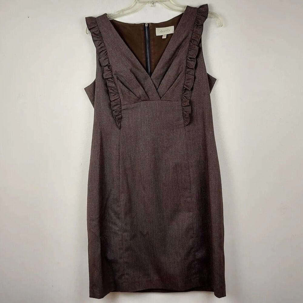 AVERLY Women's Size 10 Brown Gray Blended Ruffle V-Neck Sleeveless Dress